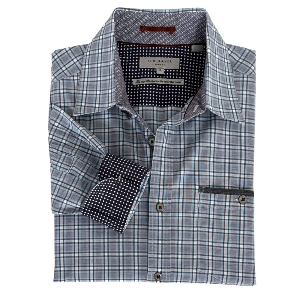 Ted Baker London‎ Mens Size 3 Blue Plaid Long Sleeve Button Down Shirt Flip Cuff